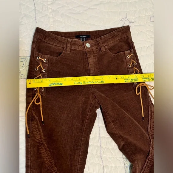 COTTON Forever 21 Chocolate Flare CORDUROY Pants with Lace-Up Sides - Picture 9 of 13